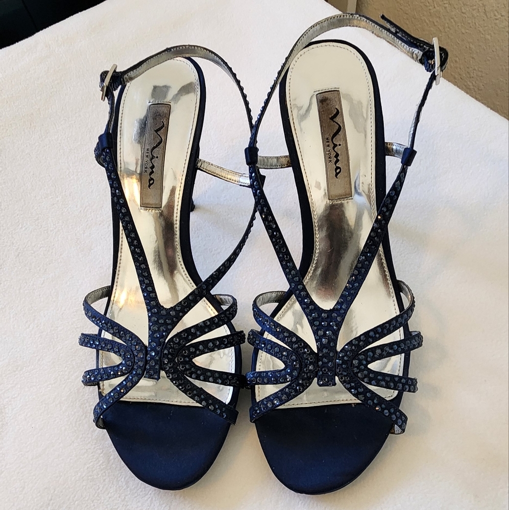 Nina Bobbie Evening Sandals Navy Blue w/ Rhinestones Size 8.5